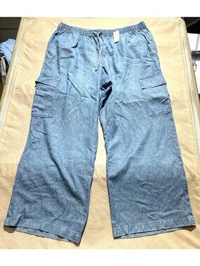 Lands End Womens 20W High Rise Wide Leg Denim Cargo Pants With Drawstring